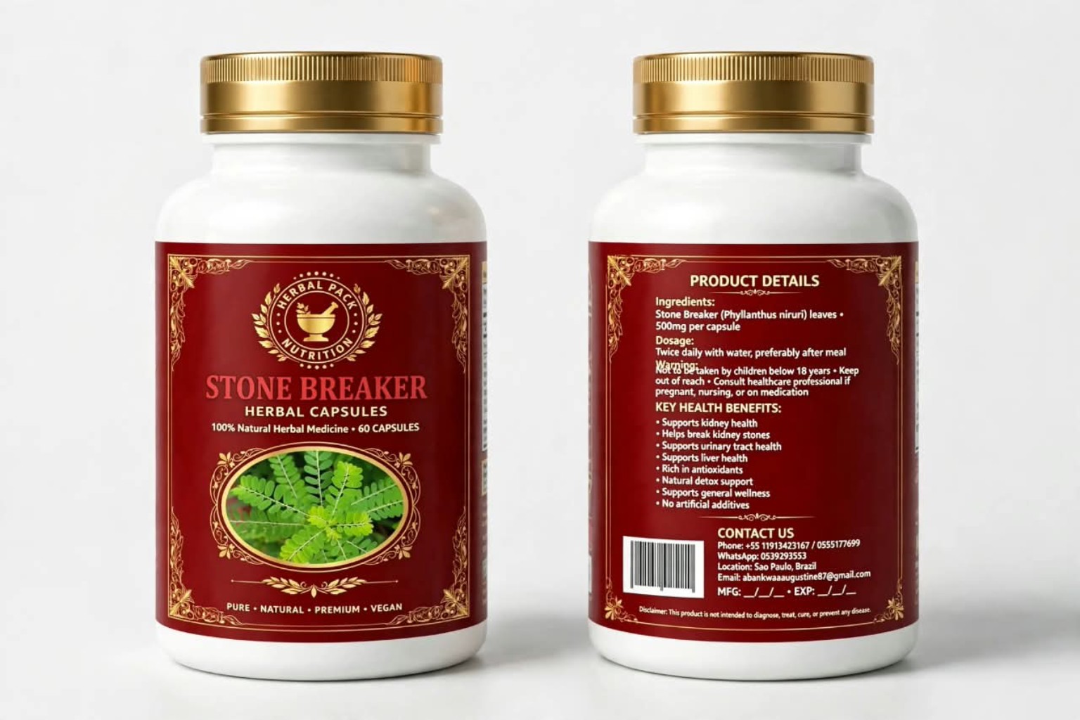 Stone Breaker capsule bottle, front and back packaging