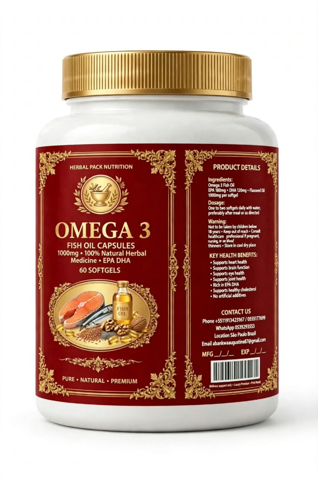 Herbal Pack Nutrition Omega 3 bottle with burgundy label and gold cap