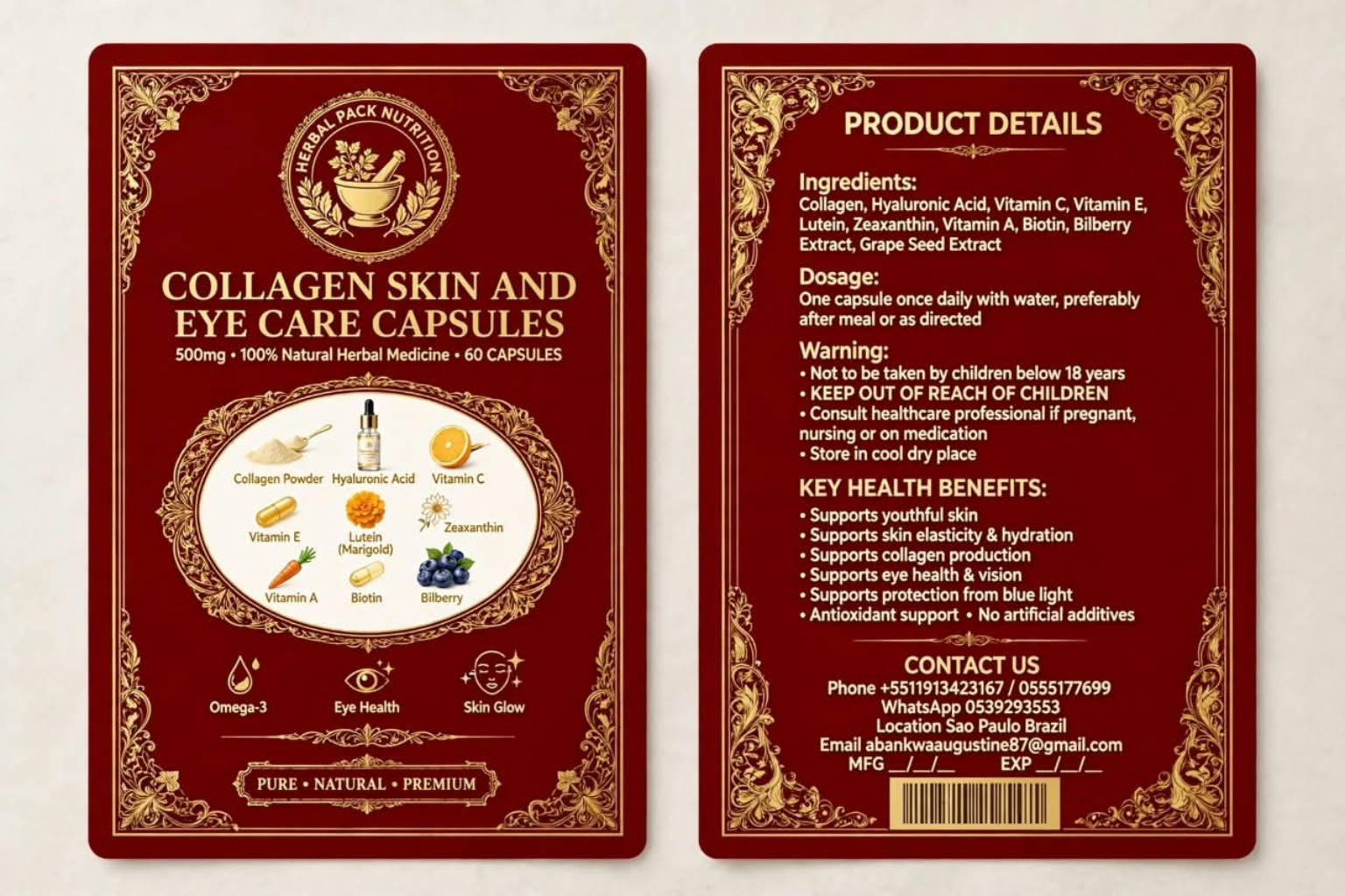 Collagen Skin and Eye Care Capsules front and back labels