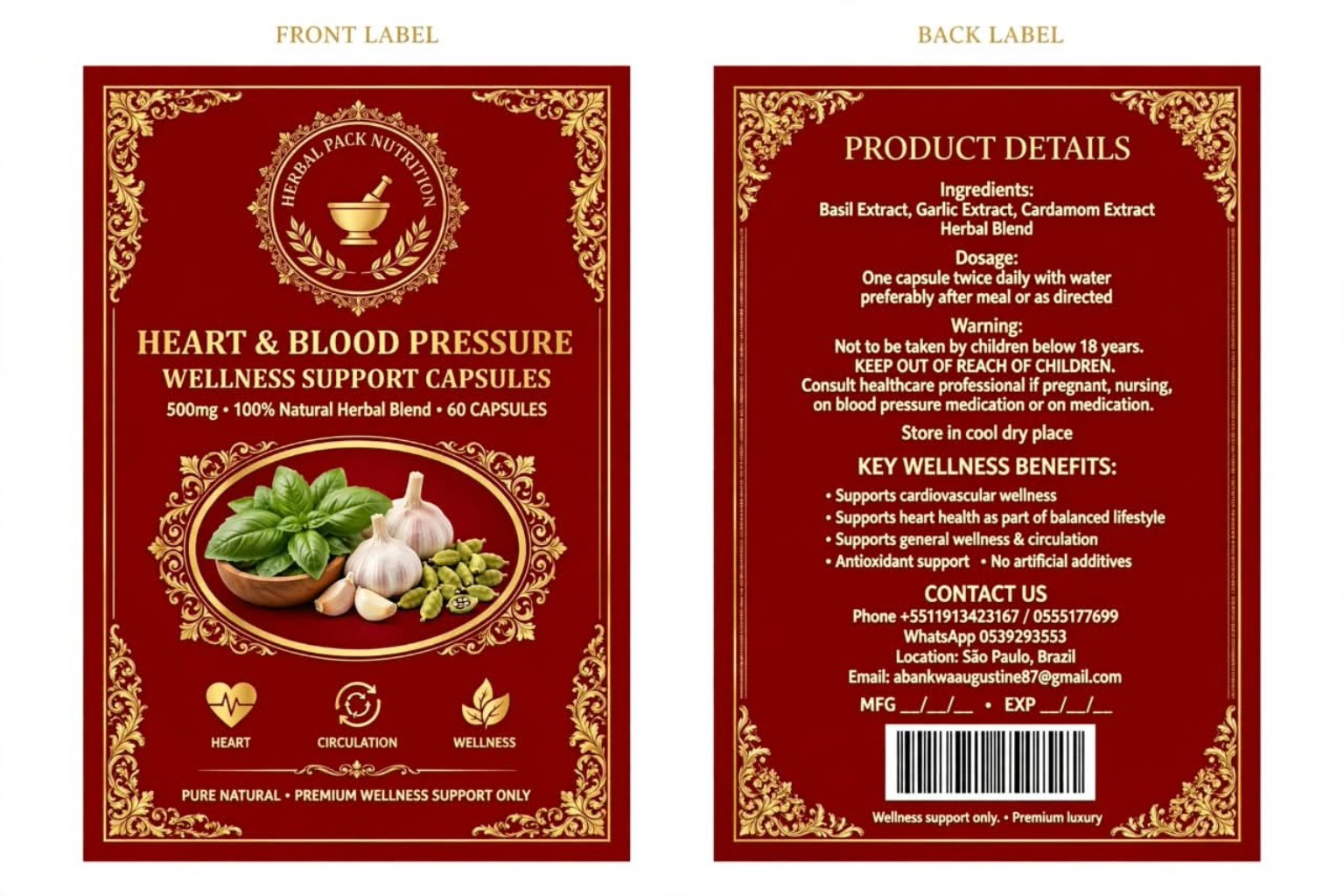 Heart & Blood Pressure Wellness Support Capsules front and back labels