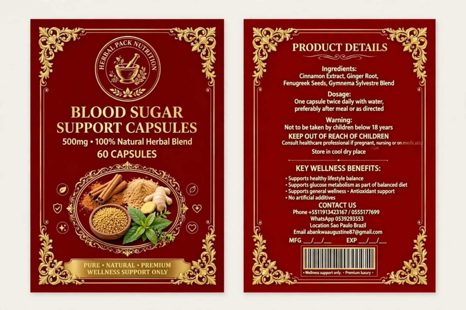 Blood Sugar Support Capsules front and back labels